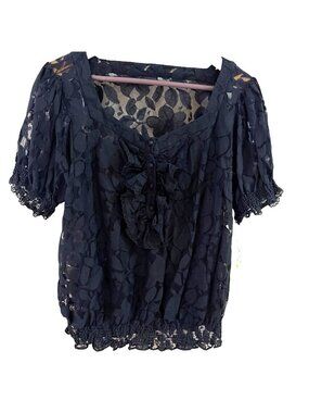 ECI Black Lace Blouse Women's Size 14 Sheer Ruffle Dark Coquette Romantic Luxury